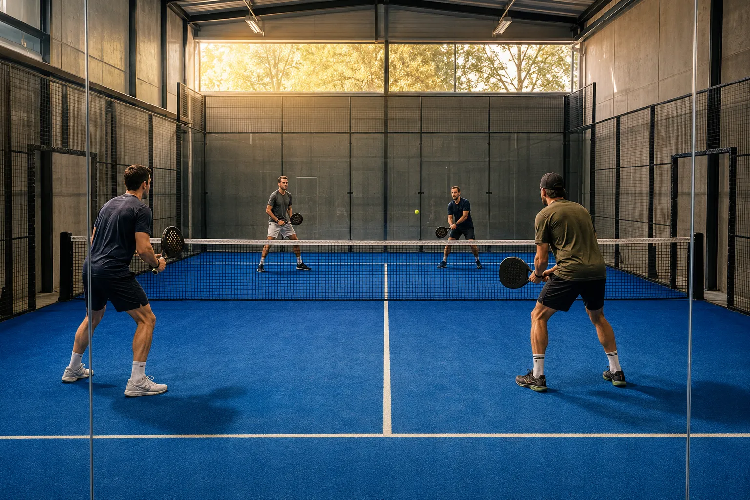 Symbolische Szene eines Padel-Doppels in einer Halle